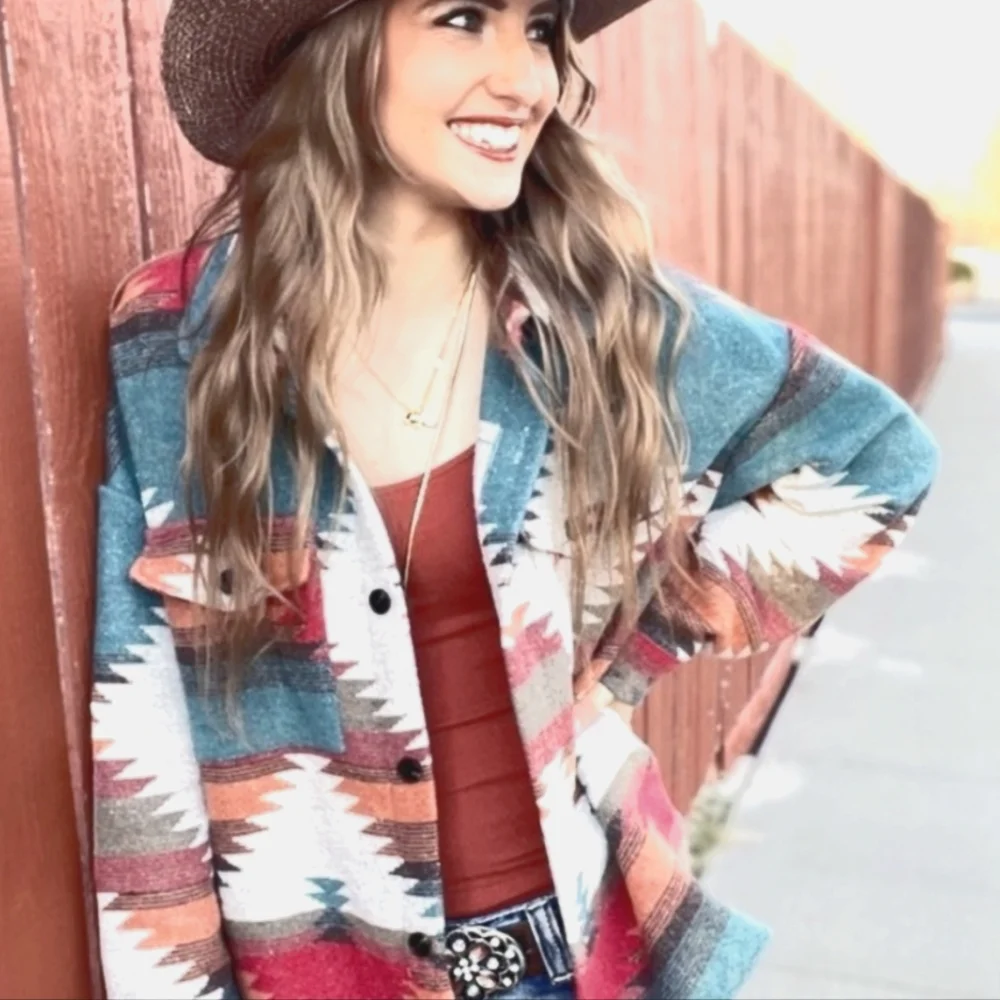 New Western Farmhouse Distressed Flannel Jacket Coat Shacket Button Top Blue Red - Picture 2 of 11